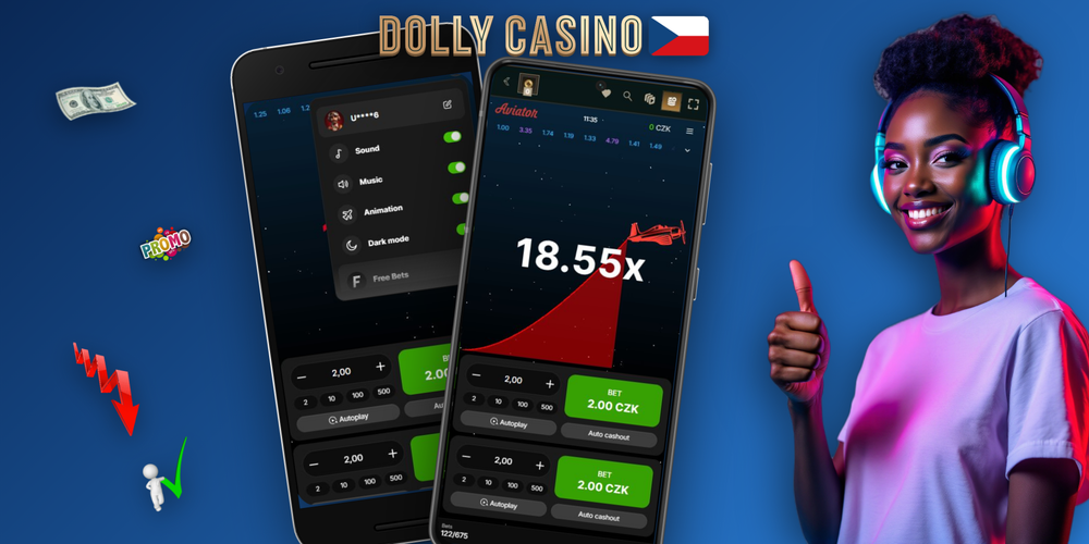Dolly Casino Aviator online – banner s křivkou multiplikátoru a siluetou letadla