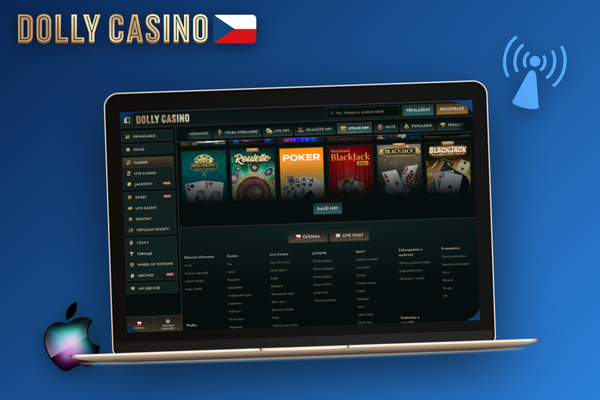 Dolly Casino desktop verze na monitoru s ikonami výkonu a stabilního připojení