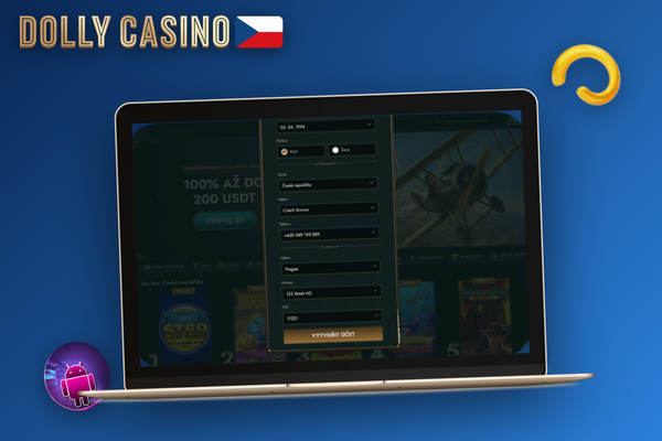 Dolly Casino vytvoření účtu – hráč vybírá registrační metodu v kavárně na notebooku