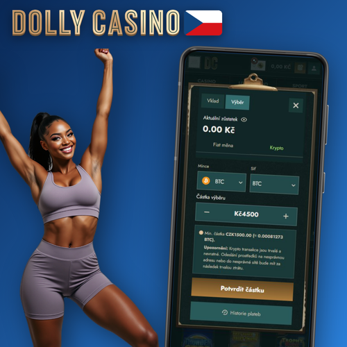 Dolly Casino výběr peněz – peněženka s mincemi CZK na fialovém pozadí